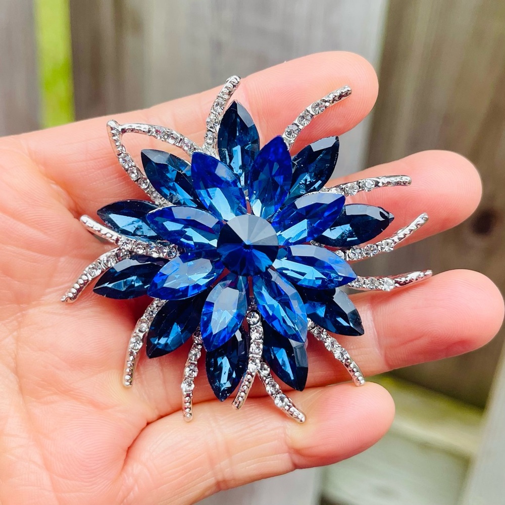 Large Blue Brooch Large Rhinestone Brooch Pin - Picture 3 of 6